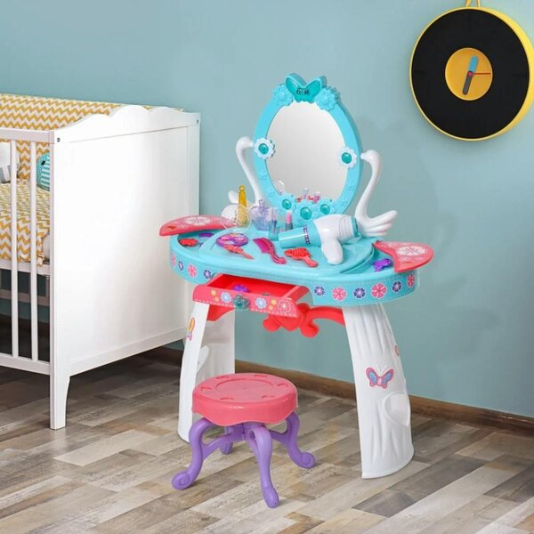 HOMCOM Kids Pretend Play Plastic Vanity Table Set - Blue