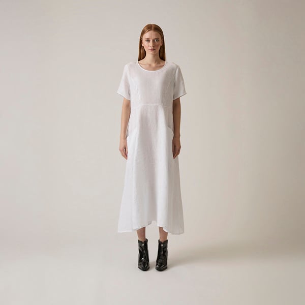White linen midi dress with side pockets