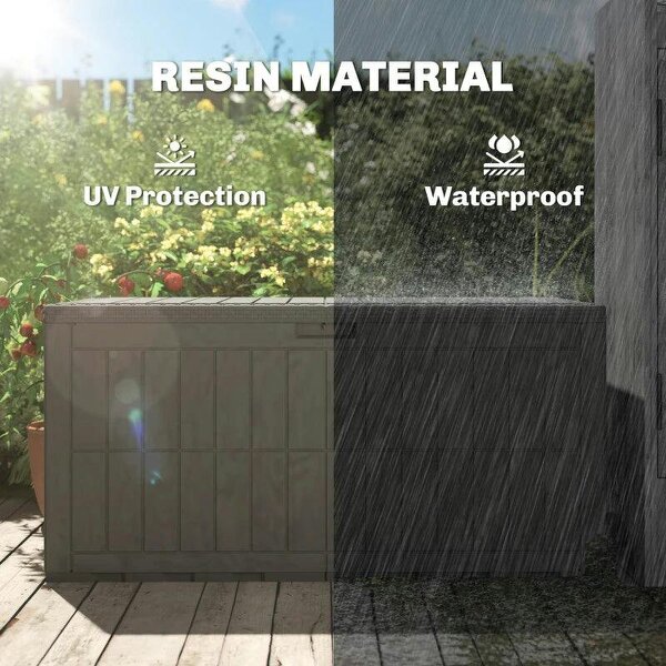 Bobobiy 440L Garden Storage Box, Waterproof & UV Resistant Resin Deck Box with Lockable Lid, Pneumatic Gas Rods, Side Handles