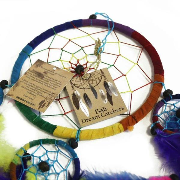 Round dreamcatcher with multicolor fabric ring, web net, and printed tag card