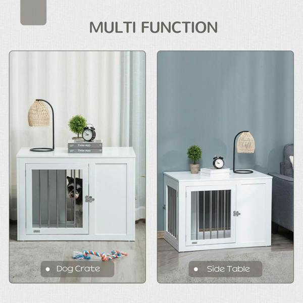 White 2-in-1 dog cage and side table shown as dog crate and side table