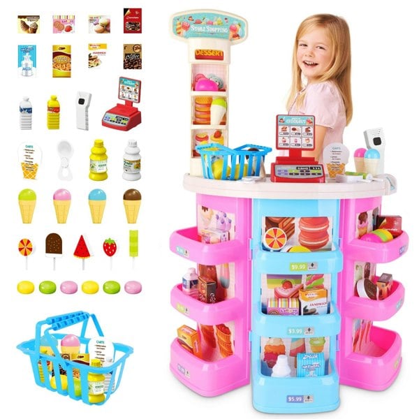 deAO Toys Grocery Supermarket Toy with Cash Register, Scanner, Lights & Sound – Pretend Play Ice Cream and Dessert Shop Set