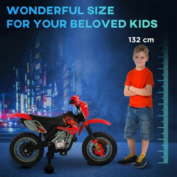 Red kids electric ride-on motorbike with kickstand and chunky black tires