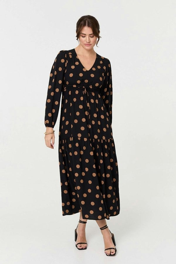 Black | Polka Dot Tie Empire Waist Maxi Dress
