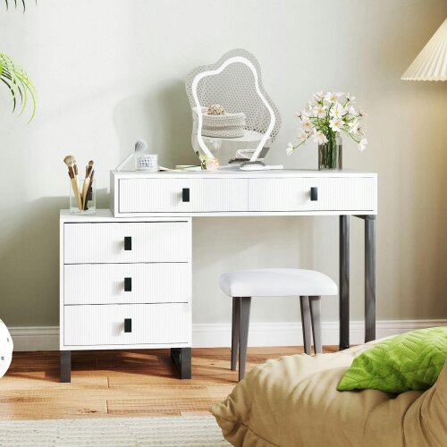 Wyld Haus Nalomo White Vanity Desk With Leaf ShaFauxd Mirror 5 Drawers And 3 Colour LED Lighting