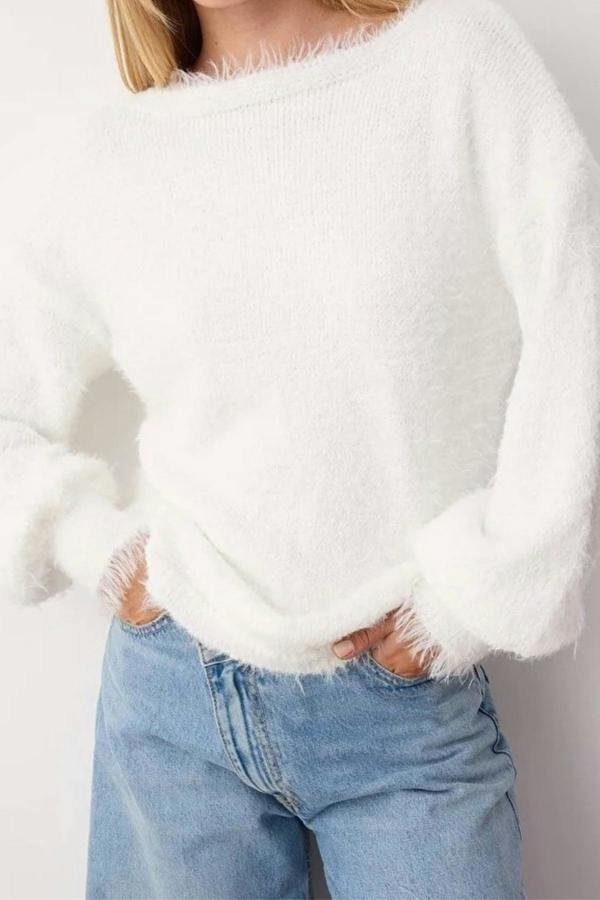 WOVCOR Furry Turn-Down Collar Knit Sweater
