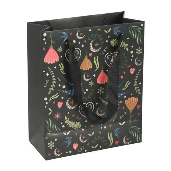 Medium black gift bag with Midnight Bloom pattern and two black rope handles on front