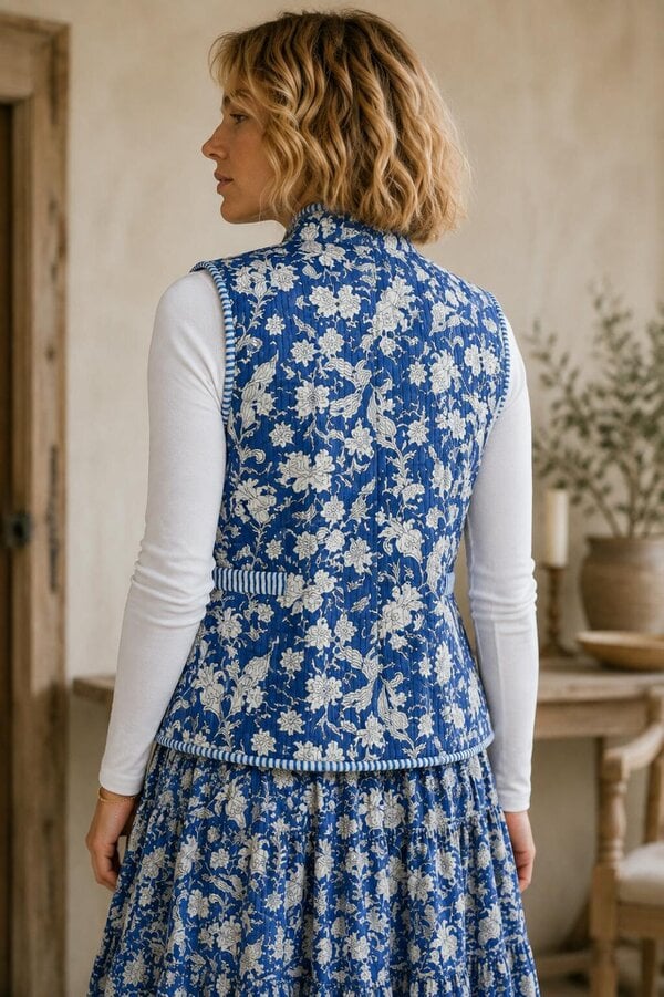 Soul Of Sita Blue LAVINIA woodblock printed waistcoat with contrast stripe lining