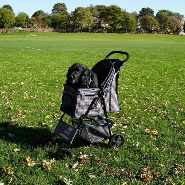 Monstershop Pet Stroller with Rain Cover – Blue Tartan