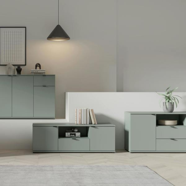 Furniture To Go Ganymede Wide TV Unit with Open Shelving, 2 Drawers & 2 Doors in Sage Green