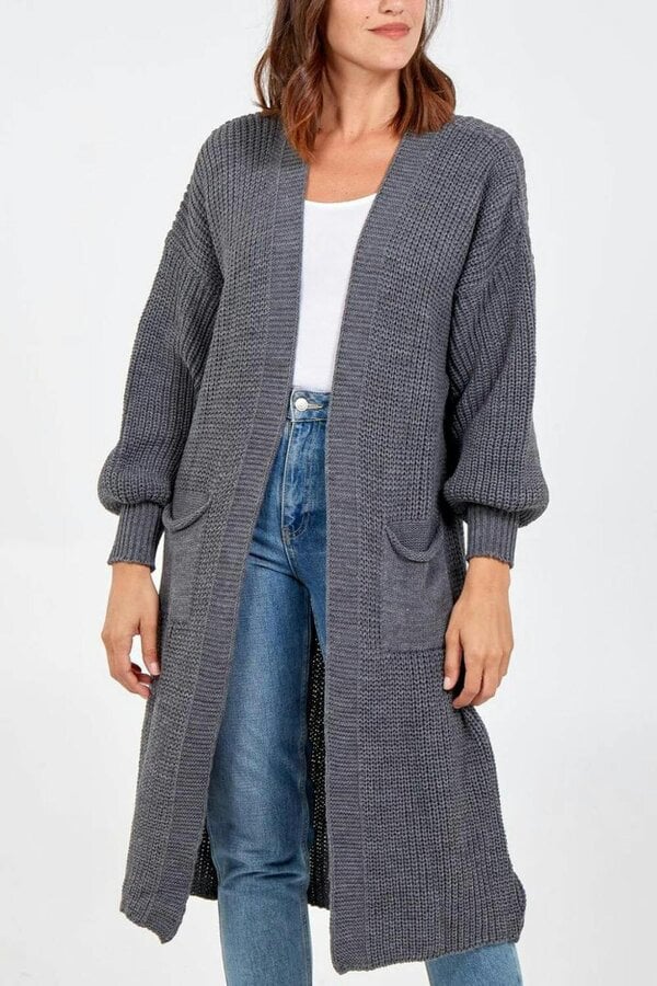 Hoxton Gal Oversized Long Sleeves Midi Knitted Cardigan with Pocket Details in Dark Grey