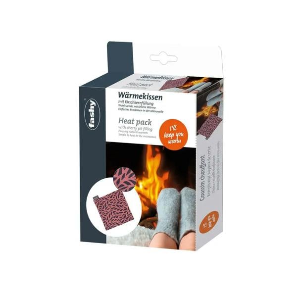 Fashy cherry pips heat pack with raspy zebra print on brown background