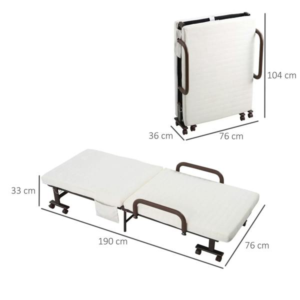 Single folding bed with white mattress showing folded and open positions on casters