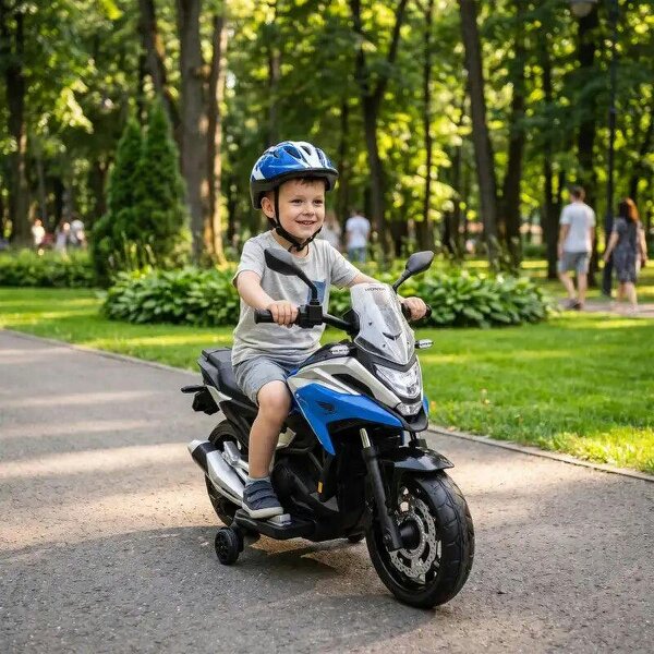 Licensed Honda 12V Kids Electric Motorbike with Training Wheels, Soft Start, Headlights, Music for 3-6 Years, Blue - Blue