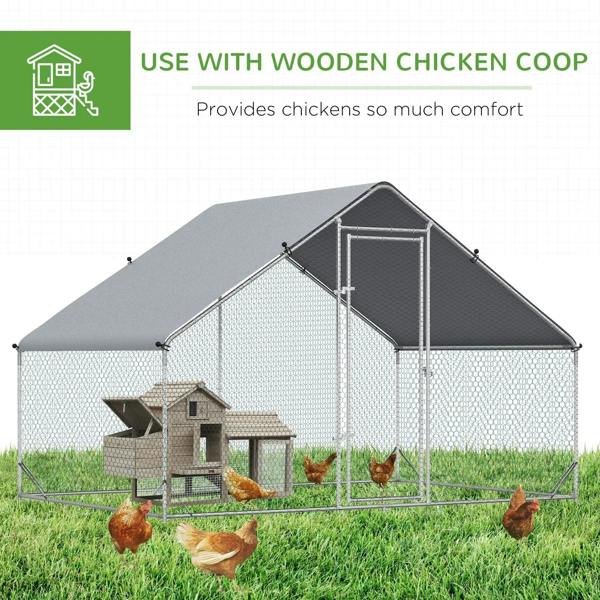 Galvanized wire mesh chicken coop with grey roof cover and front access door