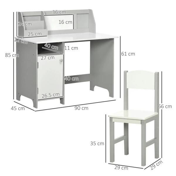 Grey kids desk and chair set with size diagram view