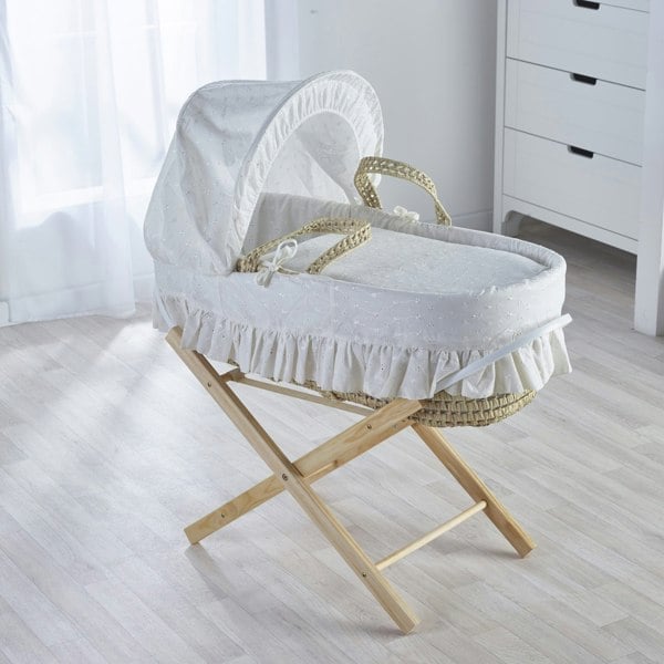 Kinder Valley Broderie Anglaise Cream Palm Moses Basket with Folding Stand Natural