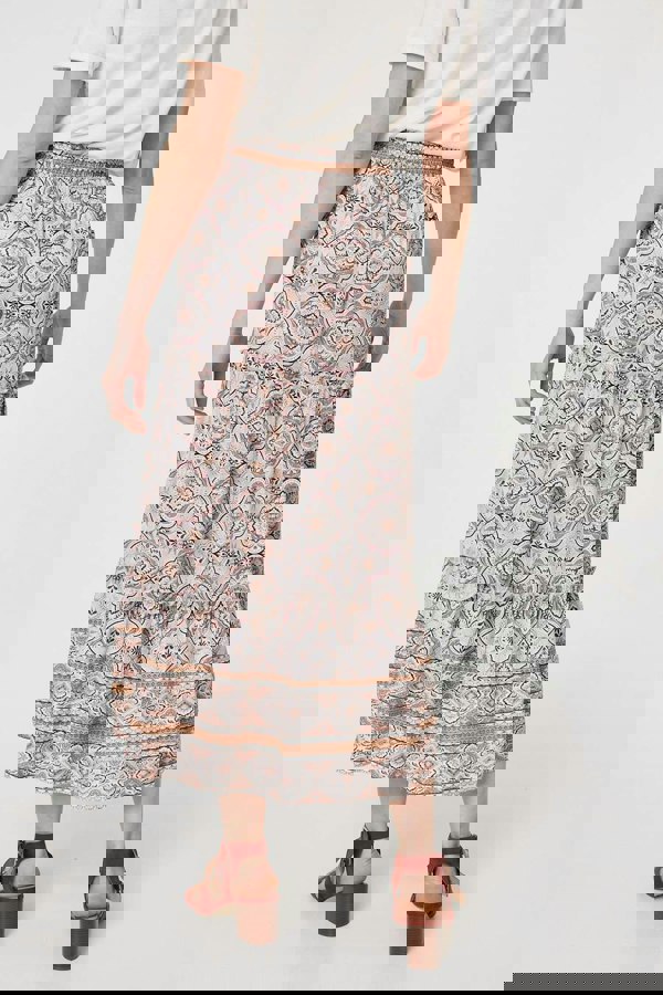 Beige | Printed Drawstring Waist Maxi Skirt