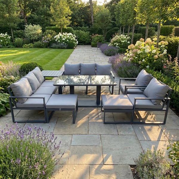 Fimous 10 Seater Aluminium Garden Sofa Set with Rising Dining Tabe, 2 Chairs, 2 Footstools & Side Table - Dark Grey