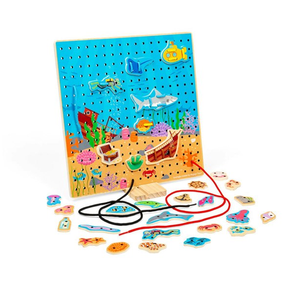 Bigjigs Toys Wooden Marine Lace-A-Shape Game - 30 Geometric Shape Lacing Cards & 6 Laces