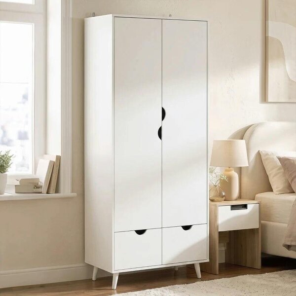 Elegant Home Storage Organisation Furniture, 2-Door Clothes Wardrobe with 2 Drawers, Wood Feet, White - White