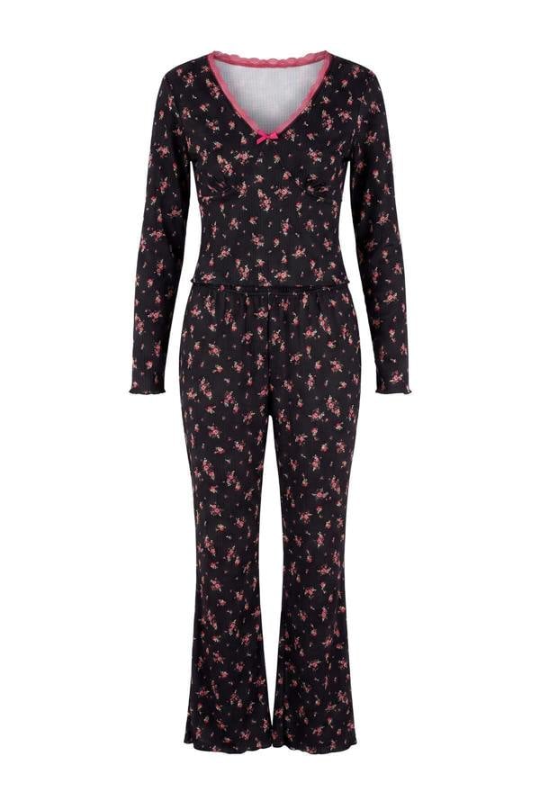 V Neck Long Sleeve Lace Detail Ribbed Pyjama Set