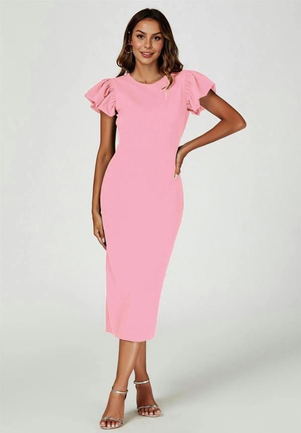 FS Collection Volume Sleeve Bodycon Midi Dress In Pink