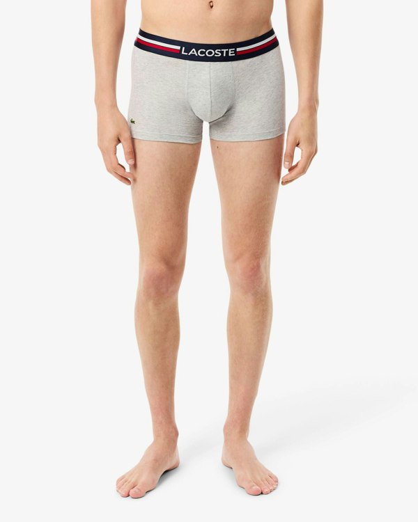 Lacoste 3-Pack Tricolour Waist Stretch Cotton Mens Trunks - Navy Blue/Silver Chine-Red W34
