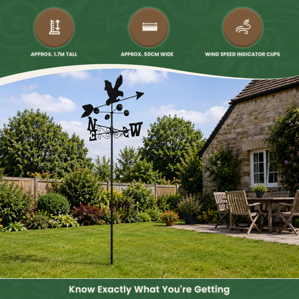 Eagle Weathervane, All-Steel Black Painted Weather Vane With Wall Fixings and 1.7m Ground Spike, Wind Speed Cups