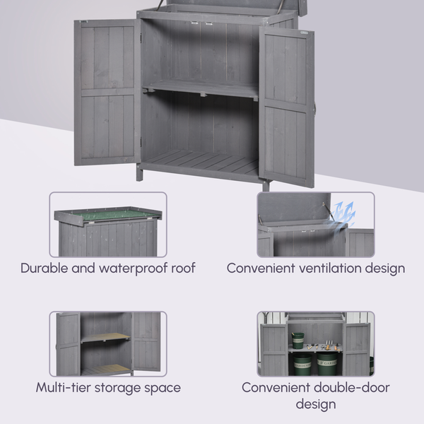 Small Shed, Wooden Garden Shed with Openable Hinged Roof and Removable Shelf, Outdoor Tool Storage Cabinet Chest with Double Doors, Grey