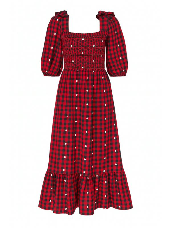 Rose & Nancy Steffi Red and Black Daisy Embroidered Check Maxi Dress