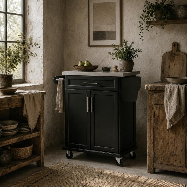 Wyld Haus Paha Wood And Steel Black Kitchen Island Trolley With Stainless Steel Top Drawer And Side Rack