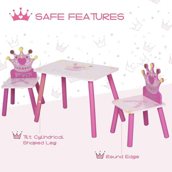 Kids 3-piece princess crown table set with 2 chairs, pink frame and white printed surfaces