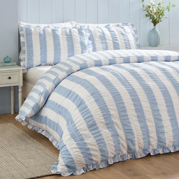Catherine Lansfield Seersucker Frill Stripe Duvet Cover Set Blue
