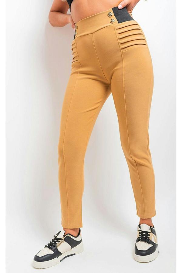 Ariah Elastic Waist Button Detail Leggings - Beige