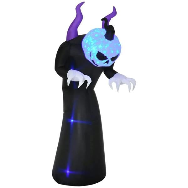Black inflatable Halloween ghost with purple horns, glowing blue jack-o’-lantern face and claws