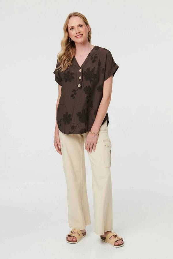 Brown | Floral Embroidered V-Neck Relaxed Blouse