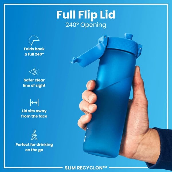 A blue water bottle with a flip lid is held in a hand against a blue background. The lid folds back 240°. The bottle is labeled “SLIM RECYCLON™”.