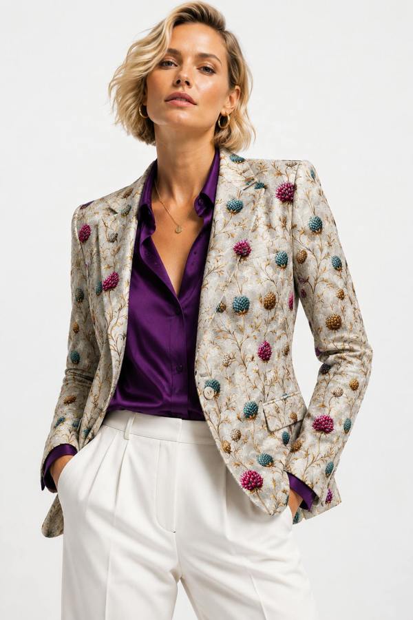 Highland Jewel Thistle Print Blazer with ivory trousers – three-quarter front view