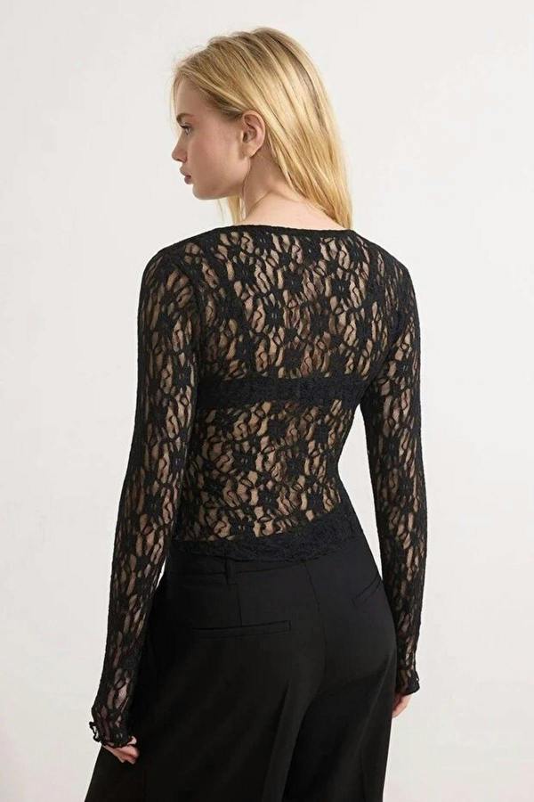 WOVCOR Fitted Wrap Front Long Sleeve Lace Blouse