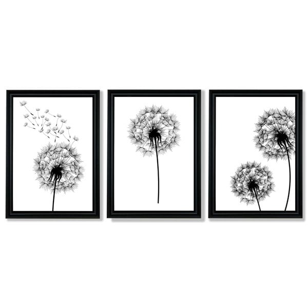 Artze Wall Art DANDELIONS Set of 3 Framed Sketch Wall Art Prints