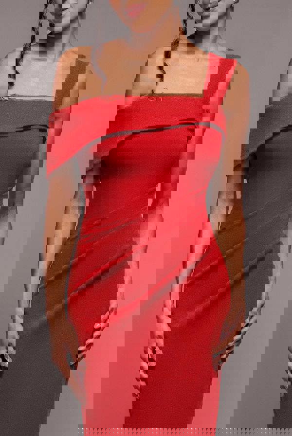 Off The Shoulder Pleated Waist Maxi Dress - Red DR2594