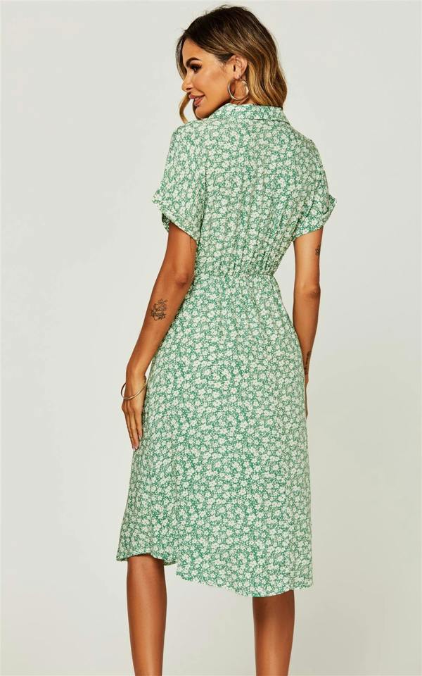 FS Collection Relaxed Floral Print Button Down Midi Shirt Dress In Green