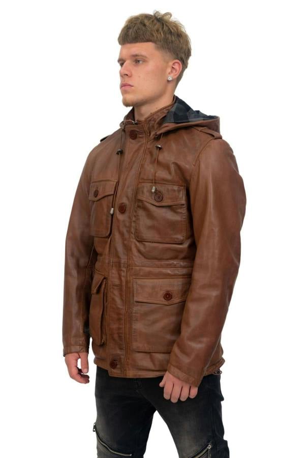 Infinity Leather Mens Leather Hooded Trench Coat-Medellin