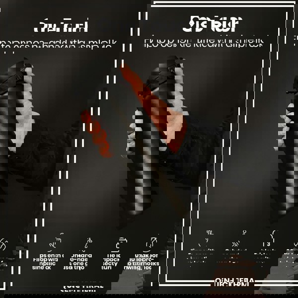 A black thermos is held; its flip top opens one-handed. It features triple lock security and is 100% leakproof. The context is a product advertisement.