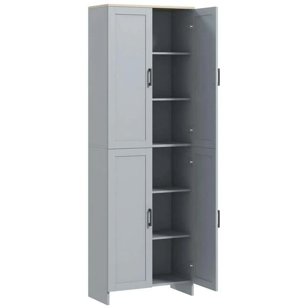 Grey freestanding kitchen pantry cabinet with two open doors and 4 interior shelves