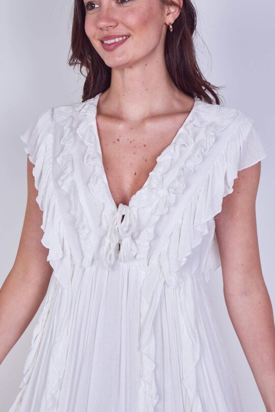 Elaina Fashion Boho Ruffle Detail Maxi Dress with Tie Neck – One Size (UK 8–14) - Off White - Onesize (8-14)