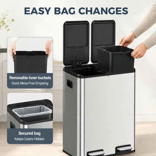 2 x 30L Double Kitchen Bin, Stainless Steel Pedal Rubbish Bin with Dual Compartments, Soft Close Lids, Silver Tone