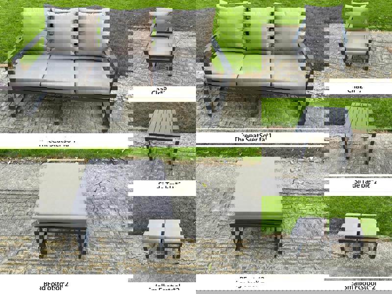 Fimous 9 Seater Aluminium Garden Furniture Set with Sofa, Adjustable Rising Dining Table, 2 Chairs, 4 Footstools, 2 Side Tables - Grey