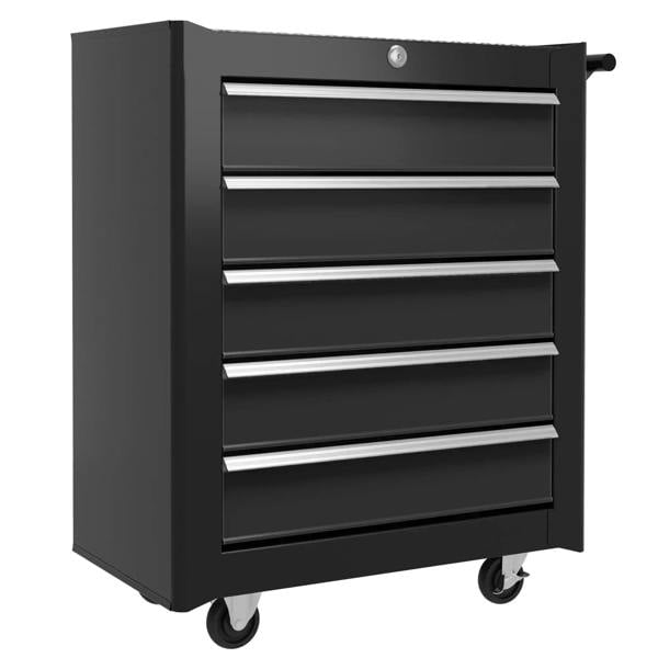Black 5-drawer tool chest cabinet with lock and handle, rolling on four wheels